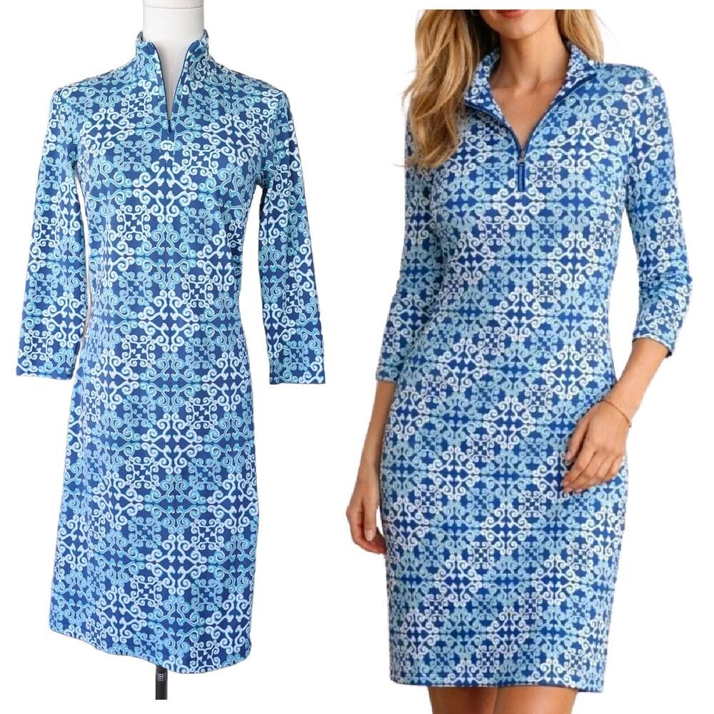 J. McLaughlin Bedford Dress XS Zip Mock Neck 3/4 Sleeve Blue Scroll Catalina